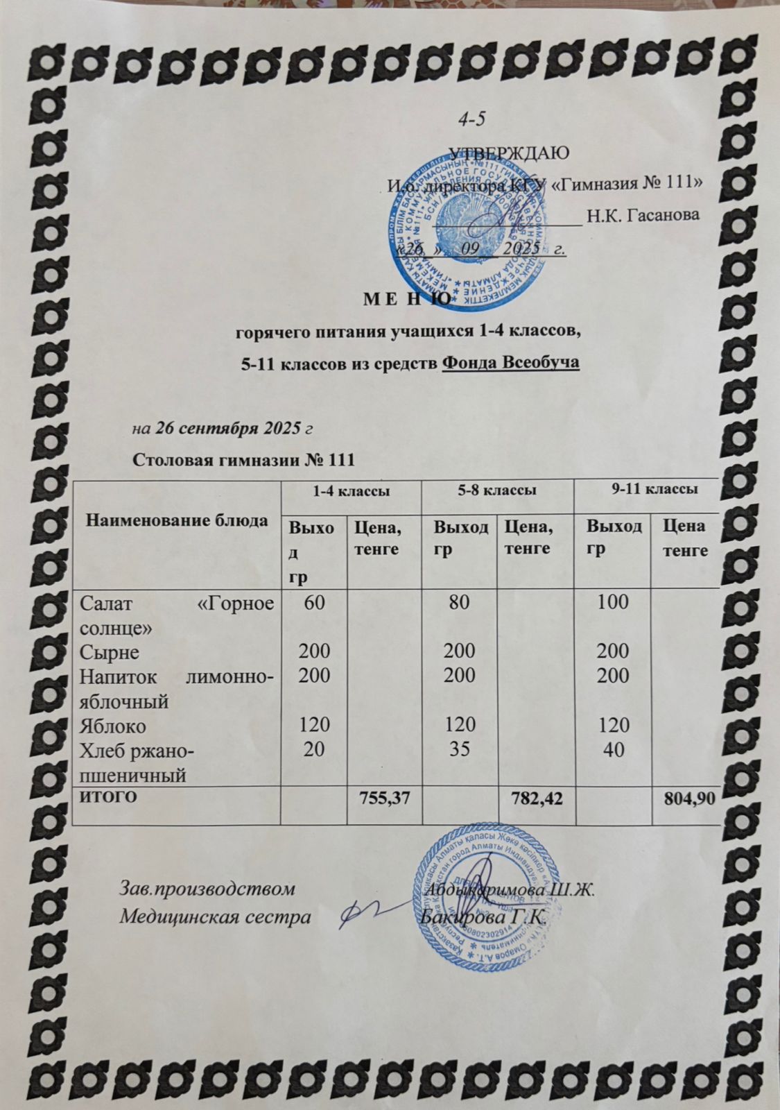 Меню на 26.09.2025