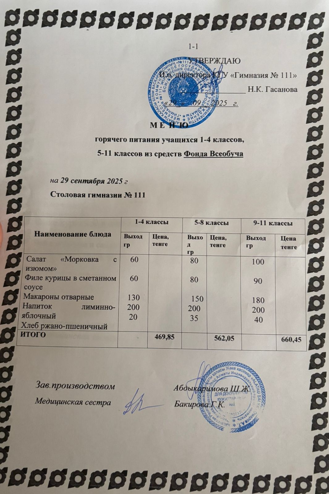 Меню на 29.09.2025