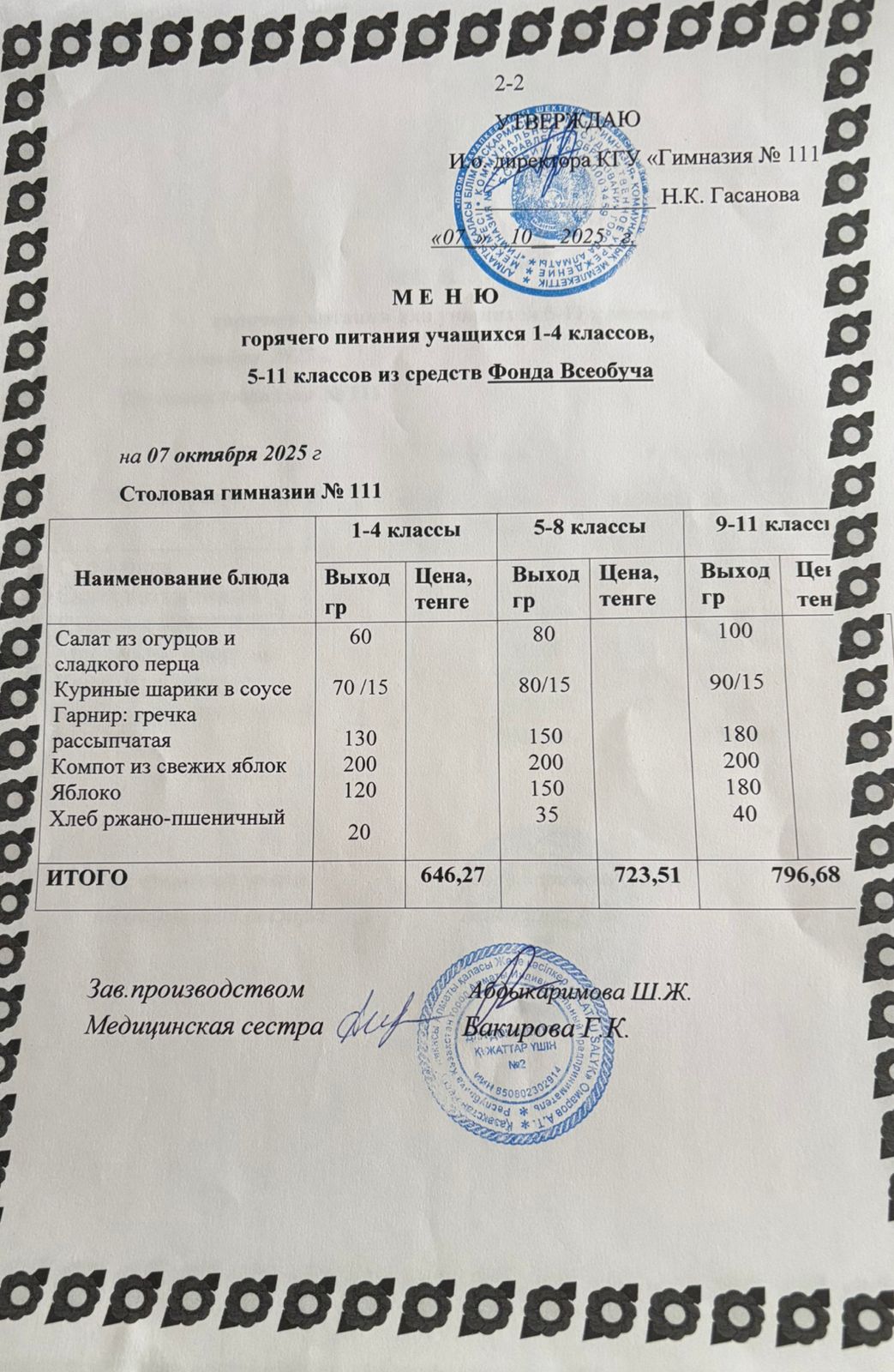 Меню на 07.10.2025