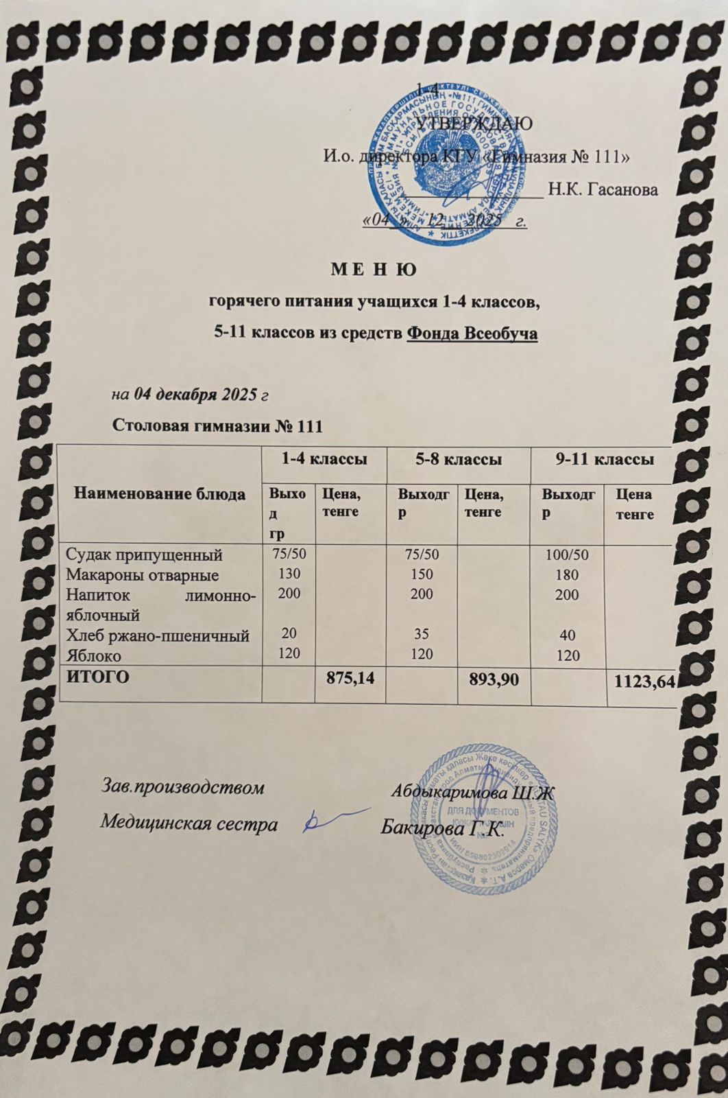 Меню на 04.12.2025