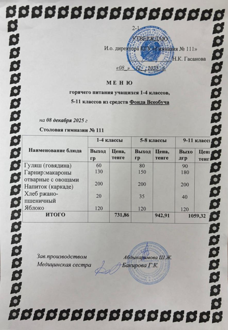 Меню на 08.12.2025