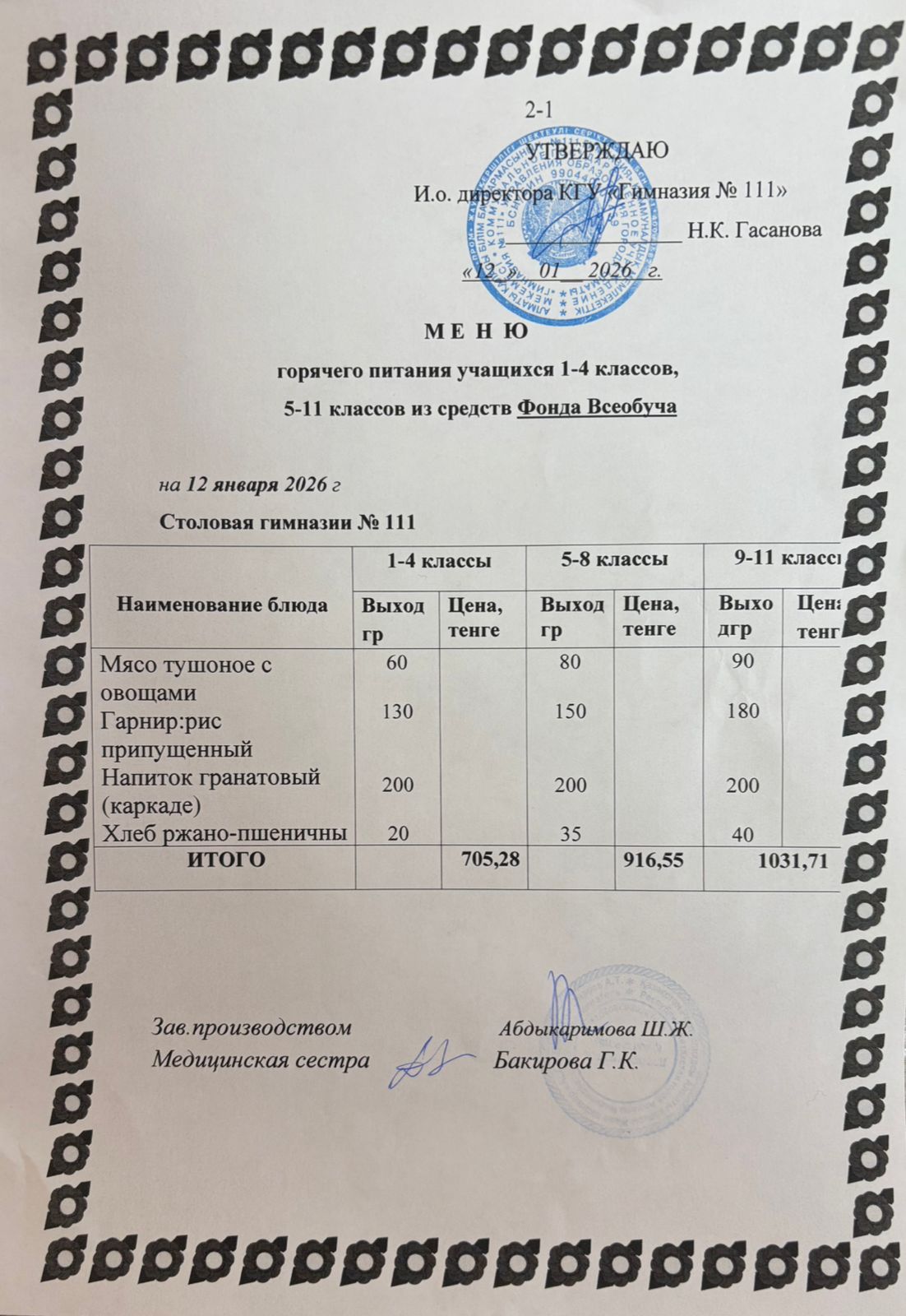 Меню на 12.01.2026