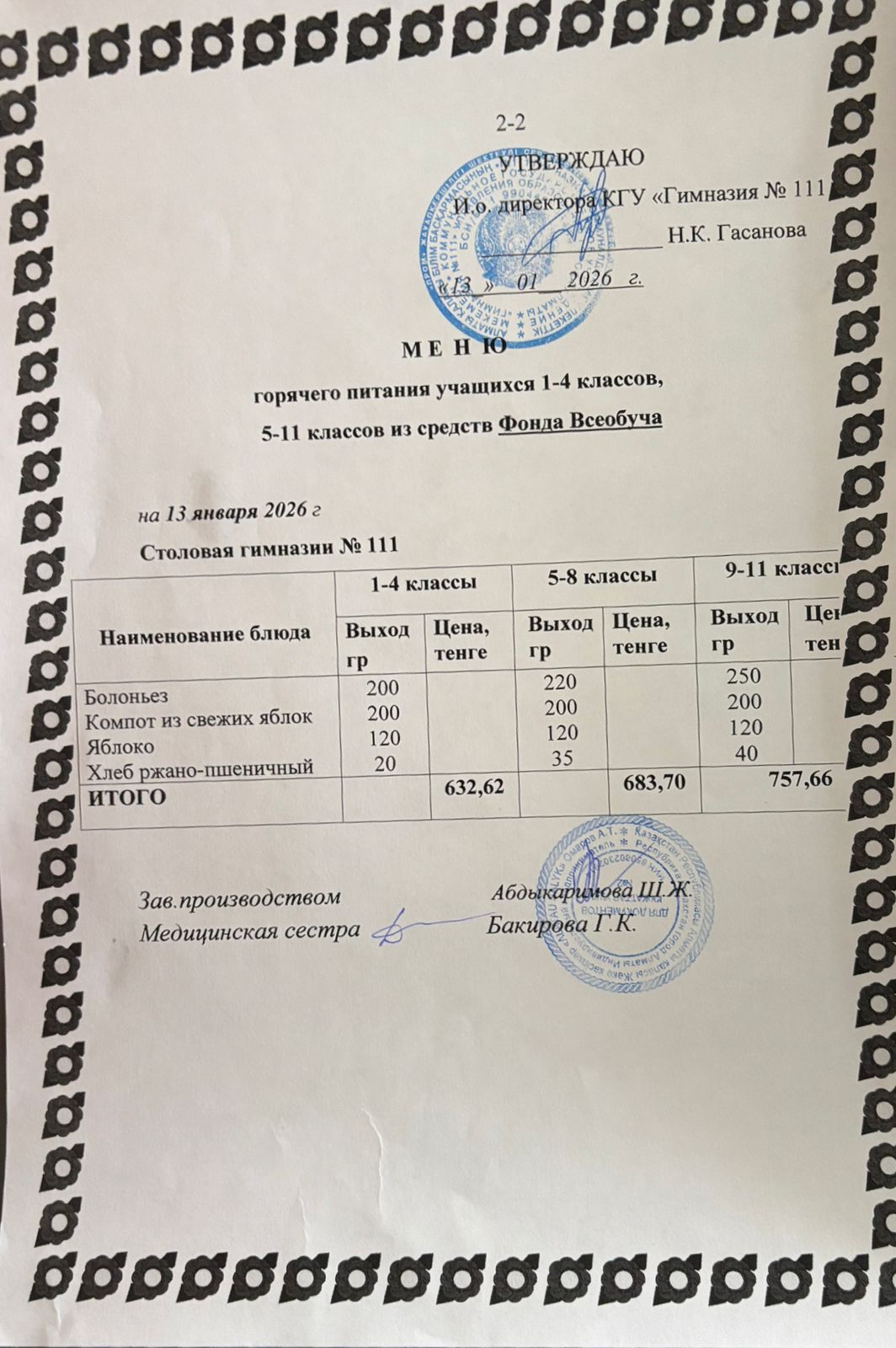 Меню на 13.01.2026