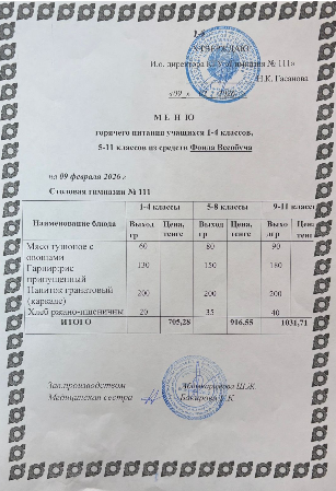 Меню на 09.02.2026