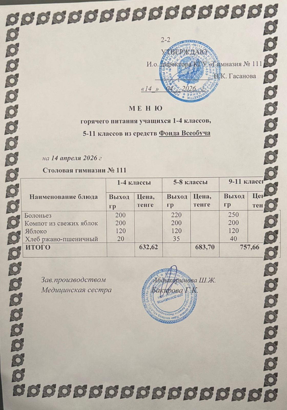 Меню на 14.04.2026