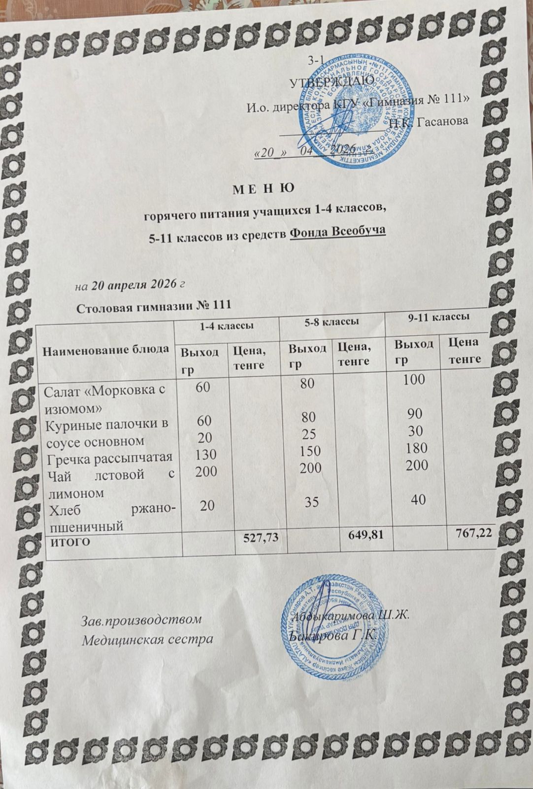 Меню на 20.04.2026